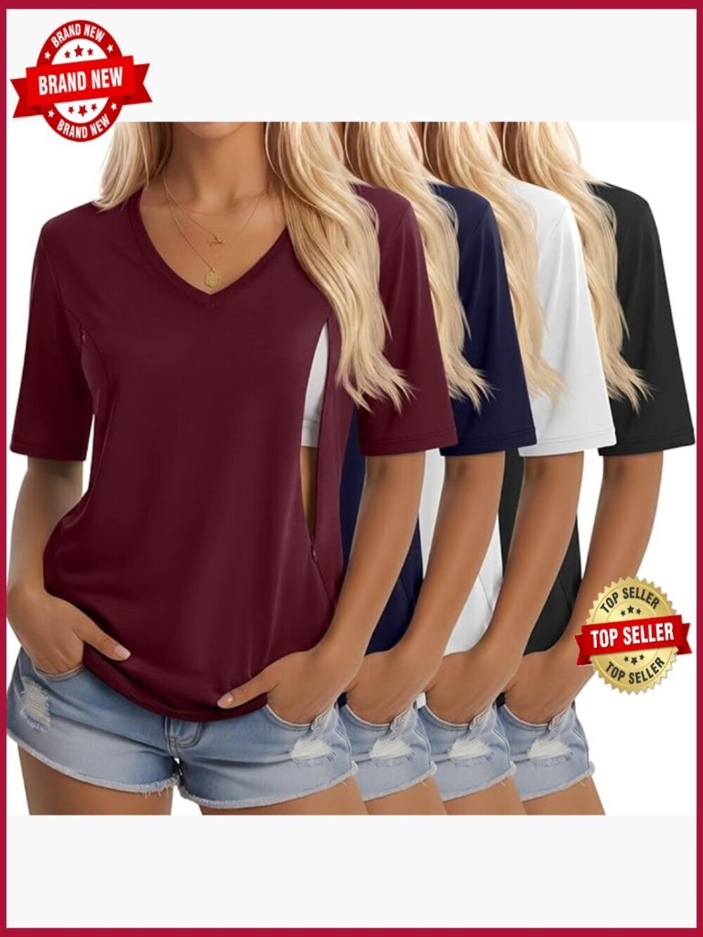 4 Pack Nursing Shirts for Breastfeeding Hidden Zipper Half Sleeve V Neck